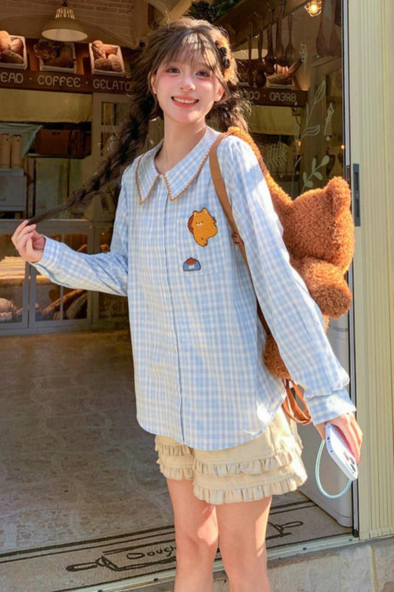 Cat Embroidered Plaid Blouse