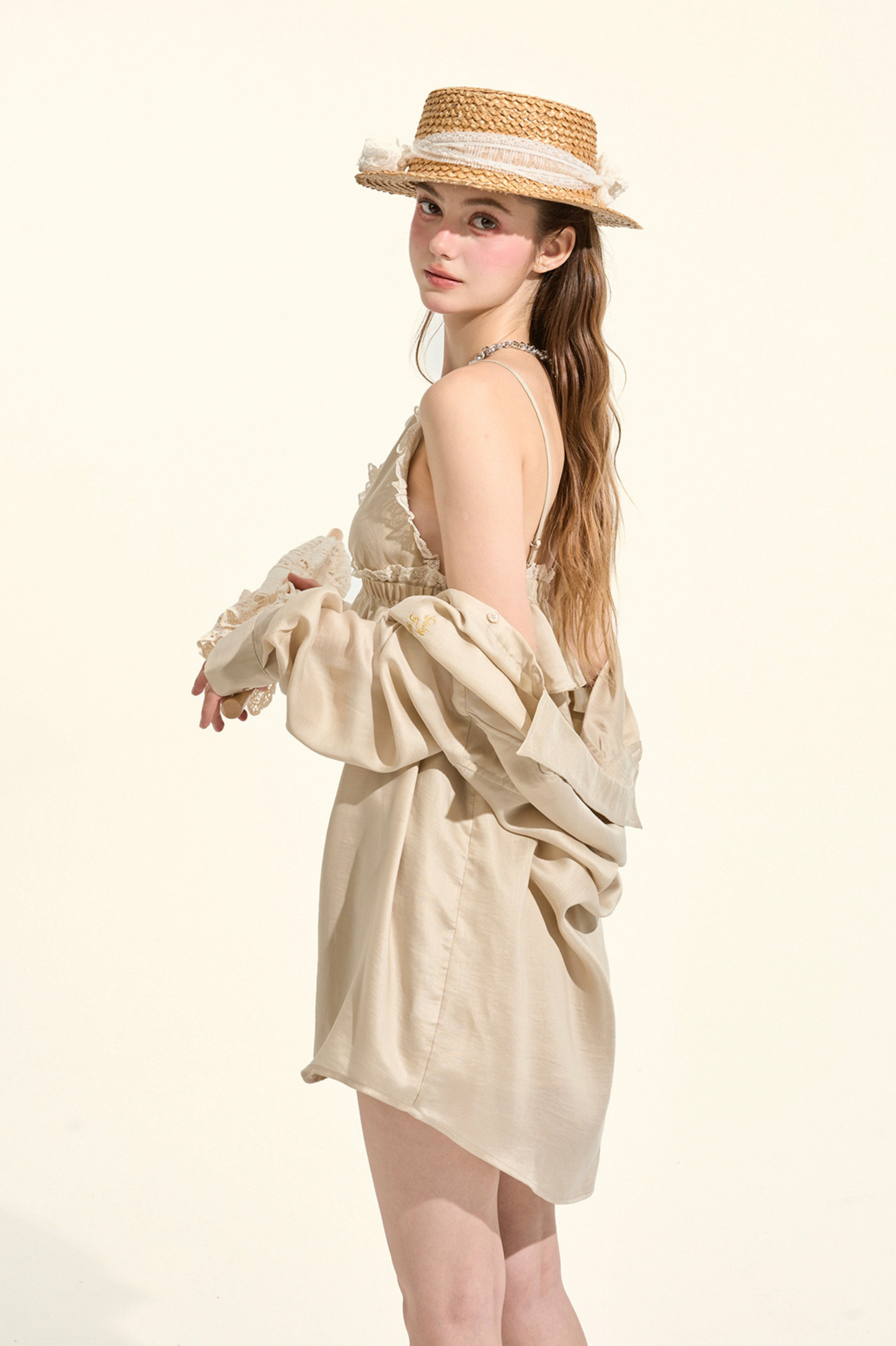 Pastille Style Khaki Lace Camisole + Shirt + Shorts