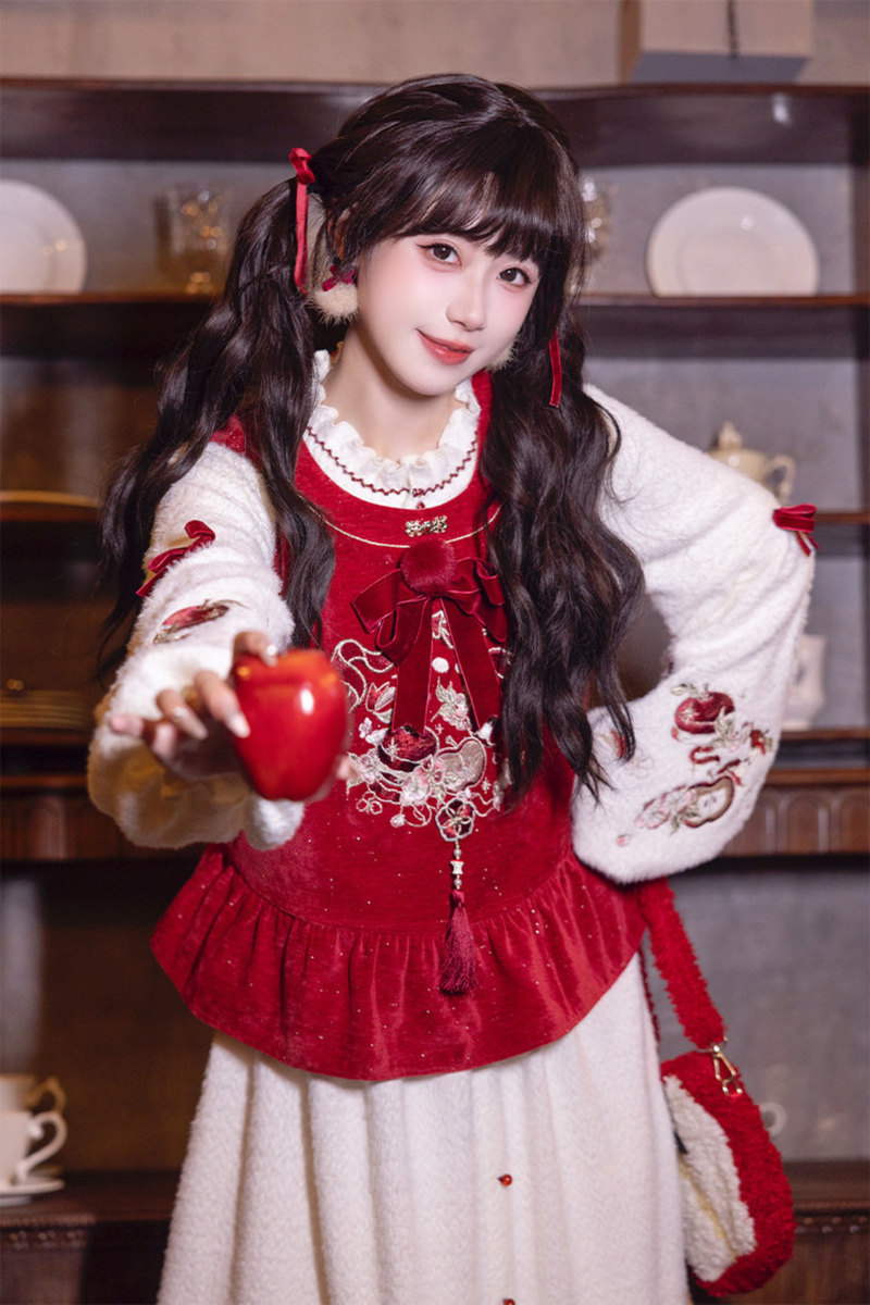 Chinese-style Dark Red Vest + Dress + Ear Cuffs