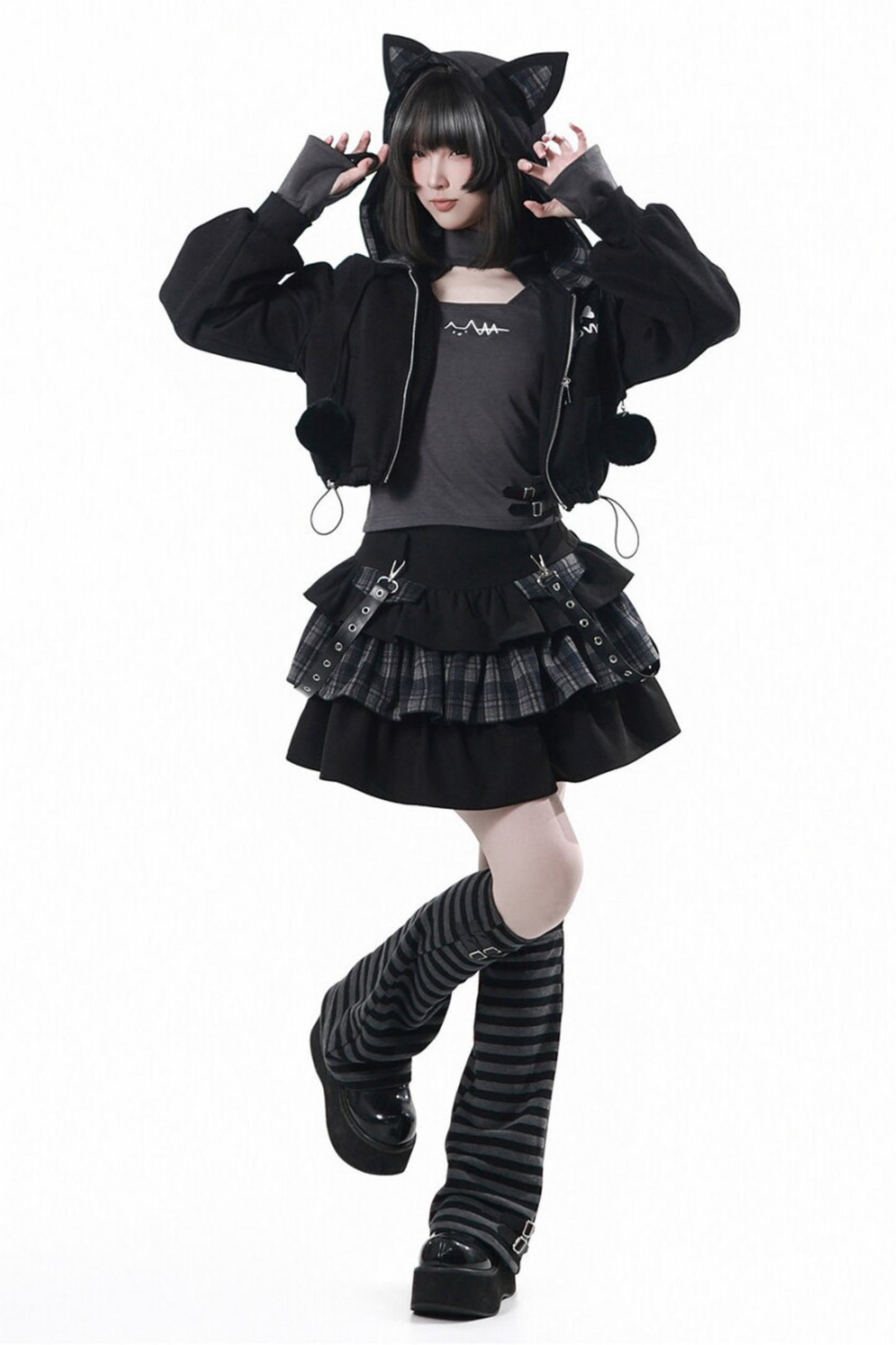 Cat Ear Jacket + Tiered Skirt + Top + Striped Leg Warmers