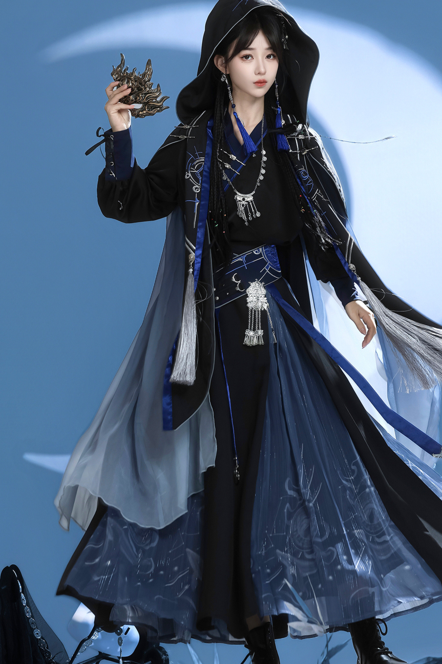 Dark Chinese-style Hooded Top + Belt + Cape + Necklace + Skirt