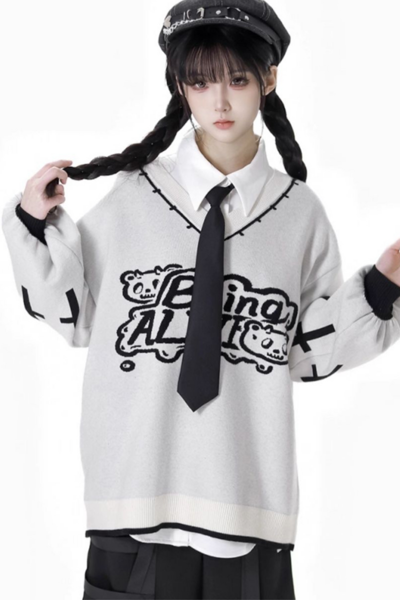 Cat Ear Hooded Top + Loose Knit Sweater + Cargo Pants + Strap Skirt
