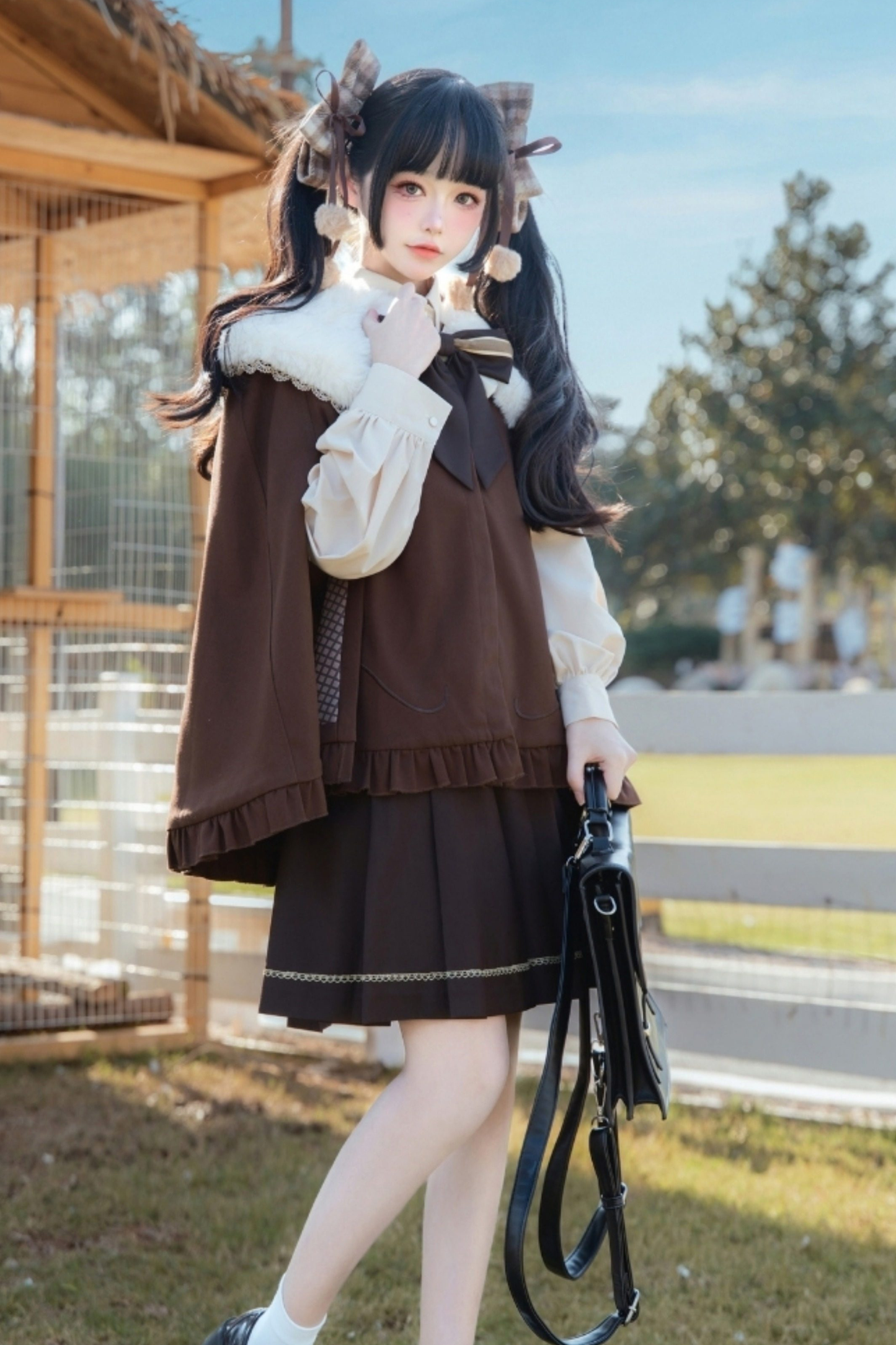 Fur Collar Cape + Knit Vest + Shirt + Pleated Skirt + Ribbon
