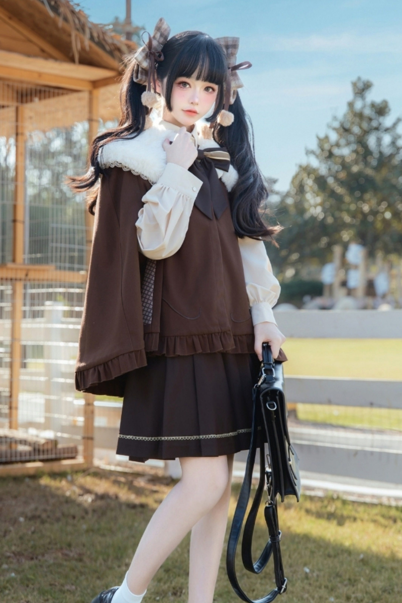 Fur Collar Cape + Knit Vest + Shirt + Pleated Skirt + Ribbon