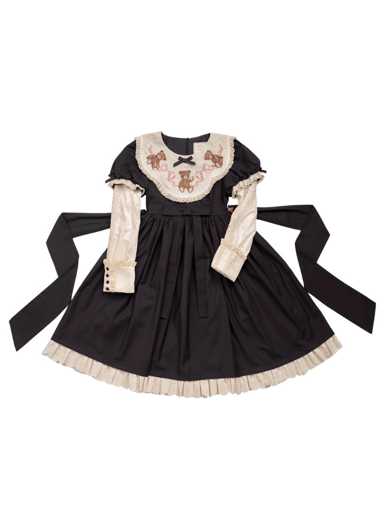 [pre-order] Lolita Teddy Bear Flap Lace Puff Sleeve Ribbon Dress