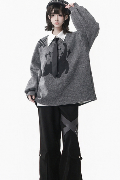 Gray Winter Preppy College Long Top + Short Top + Skirt + Pants + Shirt
