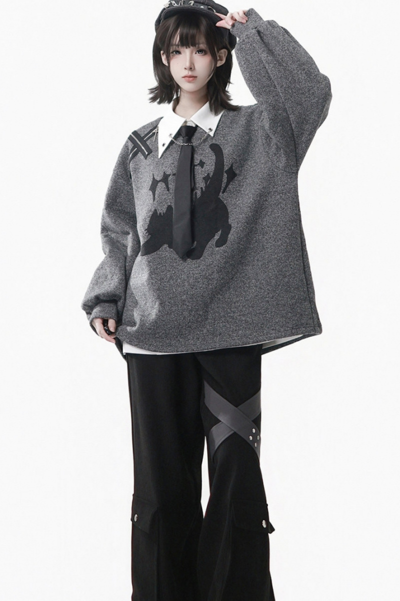 Gray Winter Preppy College Long Top + Short Top + Skirt + Pants + Shirt