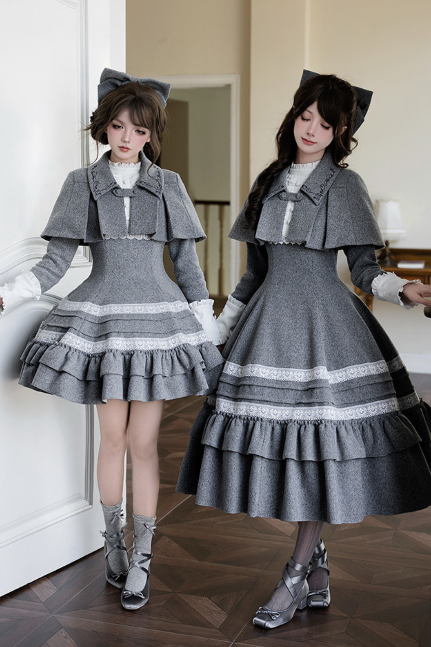 Ruffled Cape Coat + Dress + Hair Accessories + Brooch