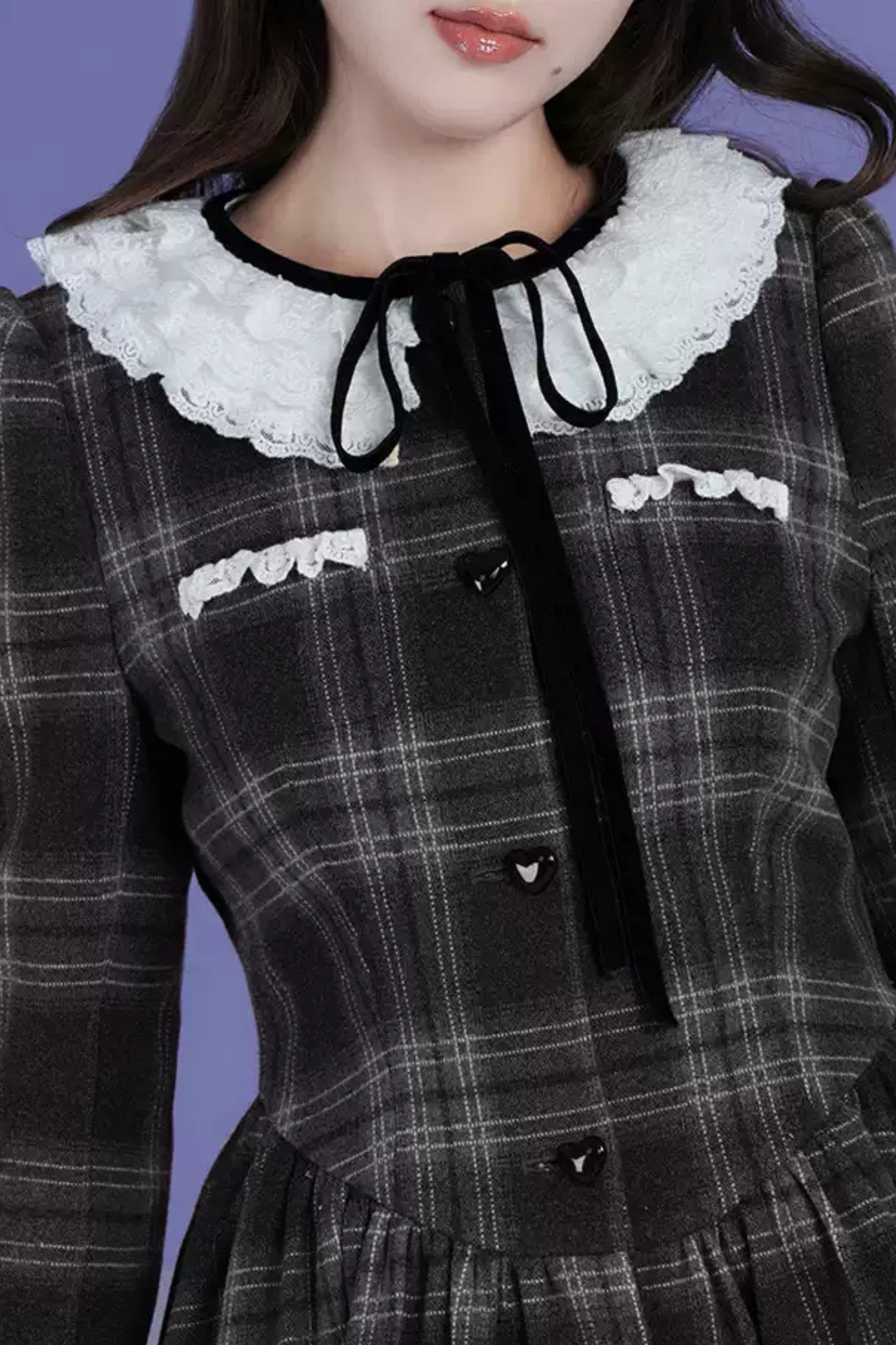 Lace Collar Wool Plaid Dress Coat