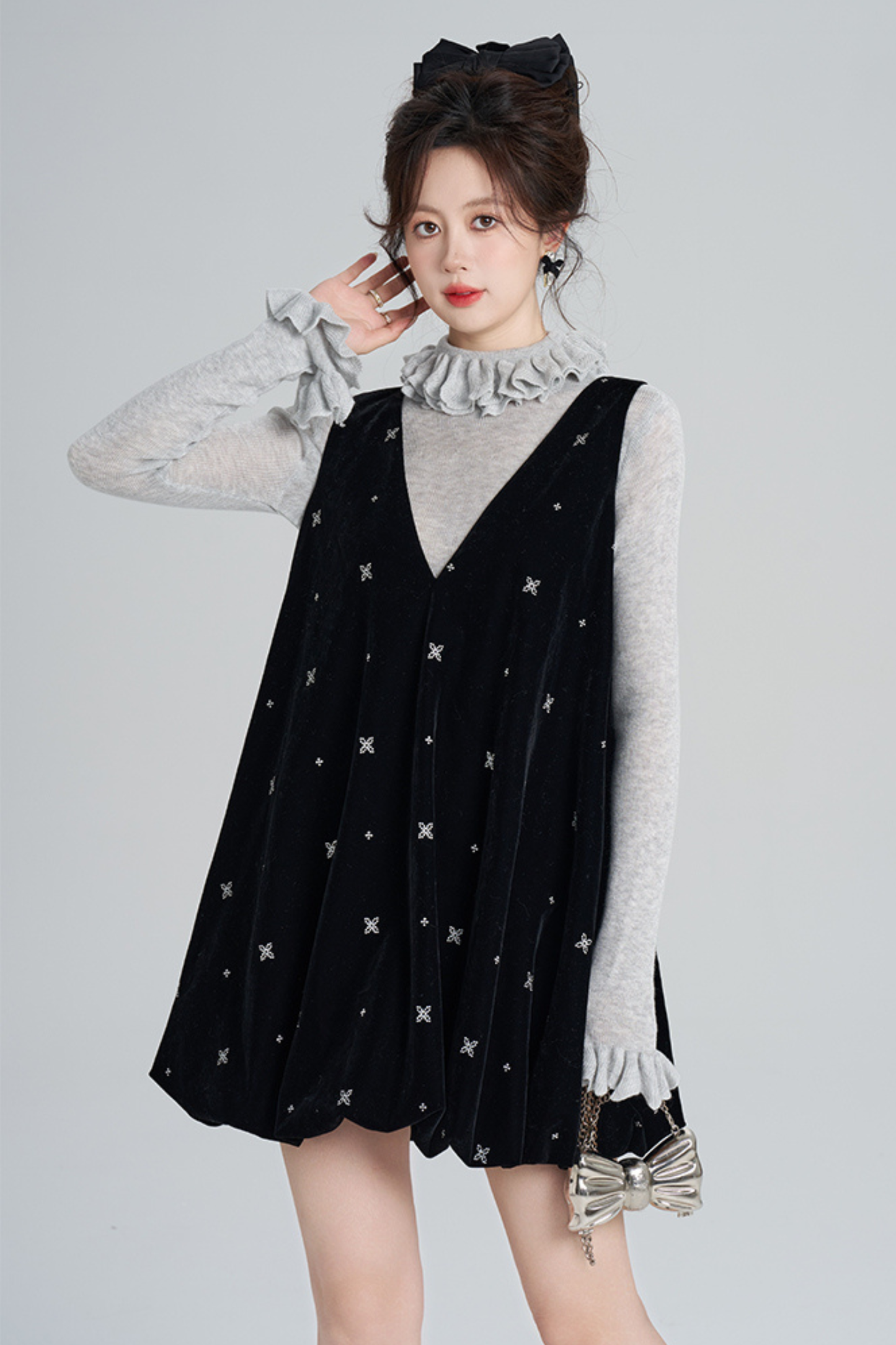French Black Velvet Ribbon Balloon Dress