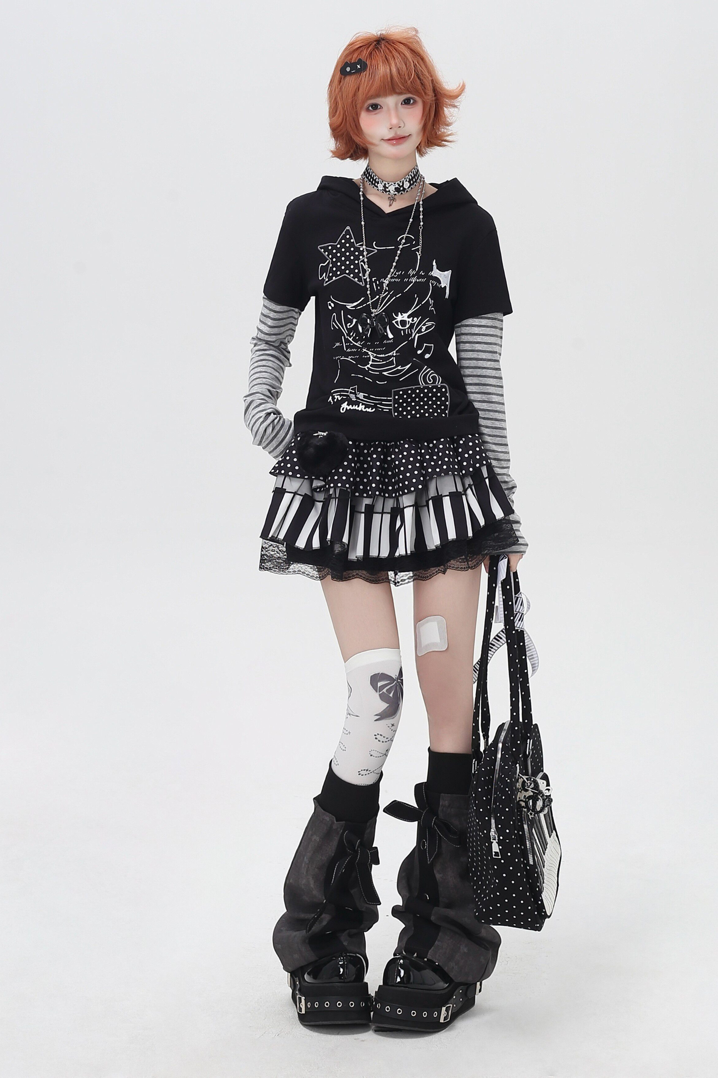 Striped Fake Two Piece Hooded Top