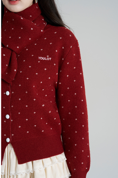 French Style Dotted Cardigan With Scarf