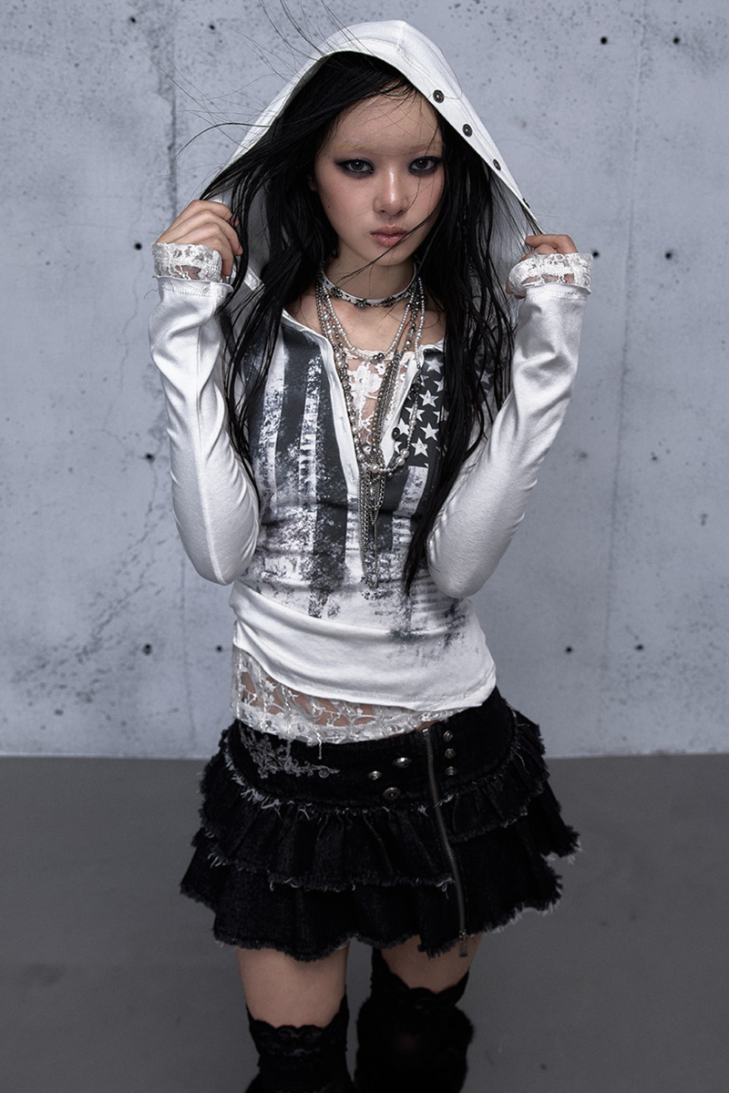 Lace Patchwork Tight Hooded Hoodie
