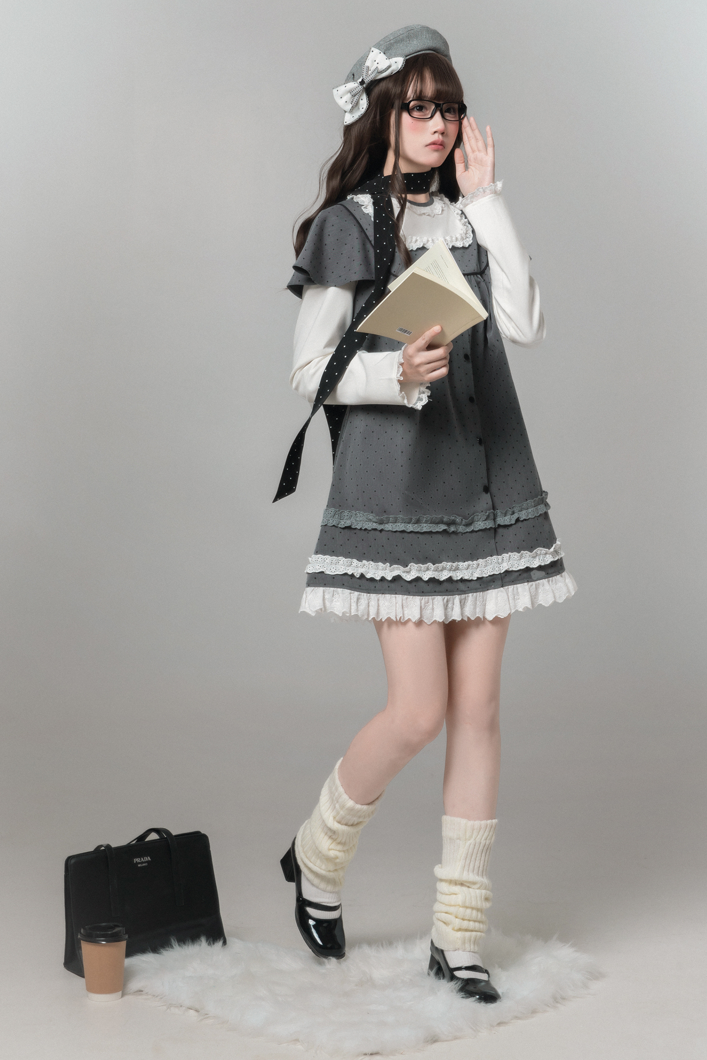 Gray Polka Dot Doll Dress + Beret