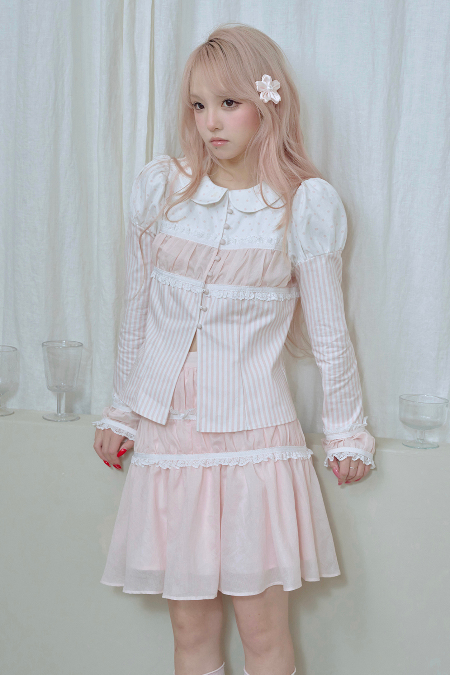 Striped Doll Collar Puff Sleeve Shirt