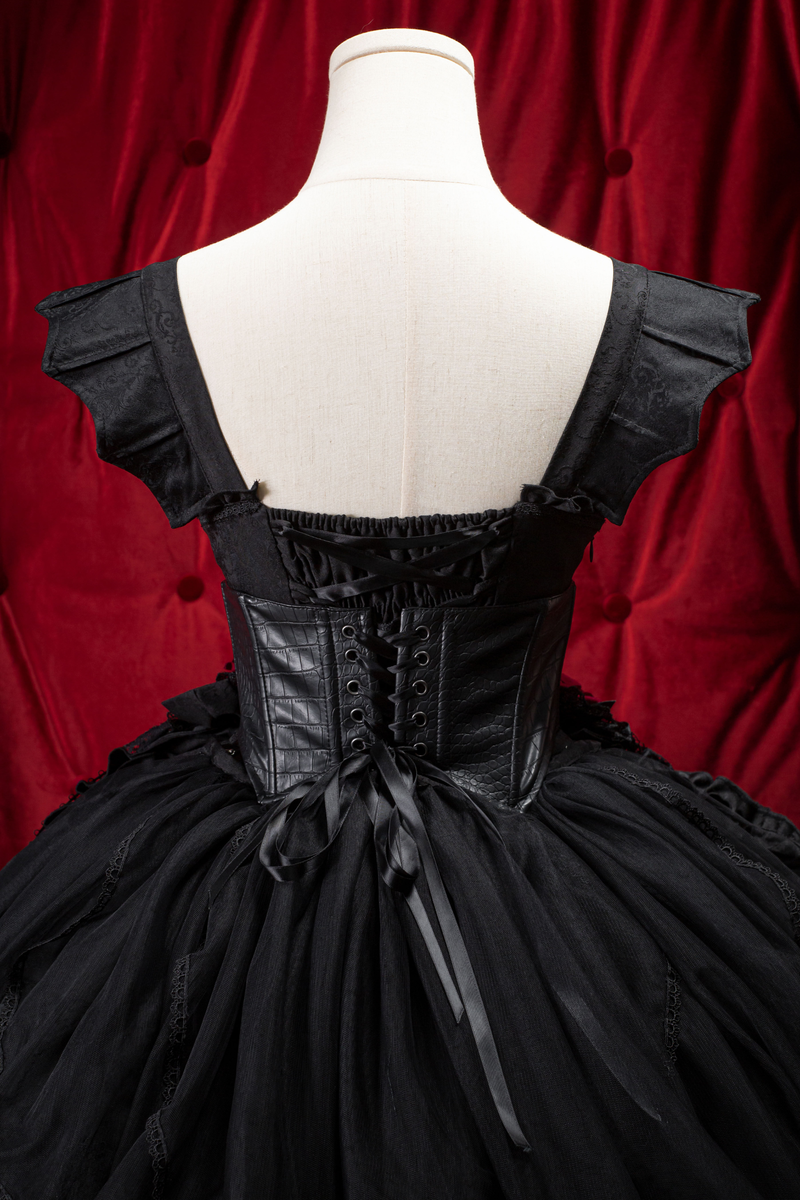Dark Gothic Ruffle Lolita Dress + Waist Belt + Train + Hairband