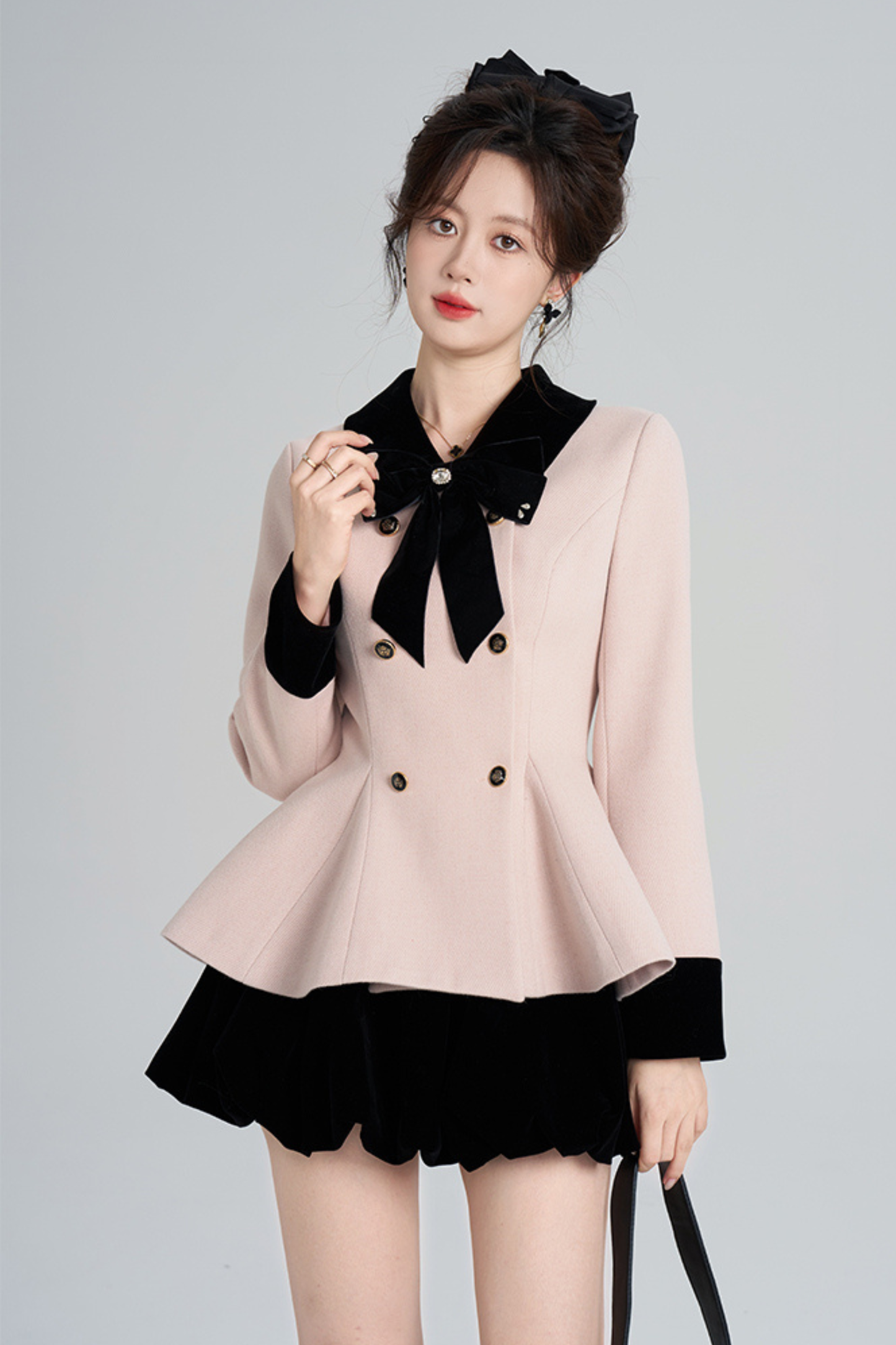 French Sweet Pink Flare Coat + Skirt
