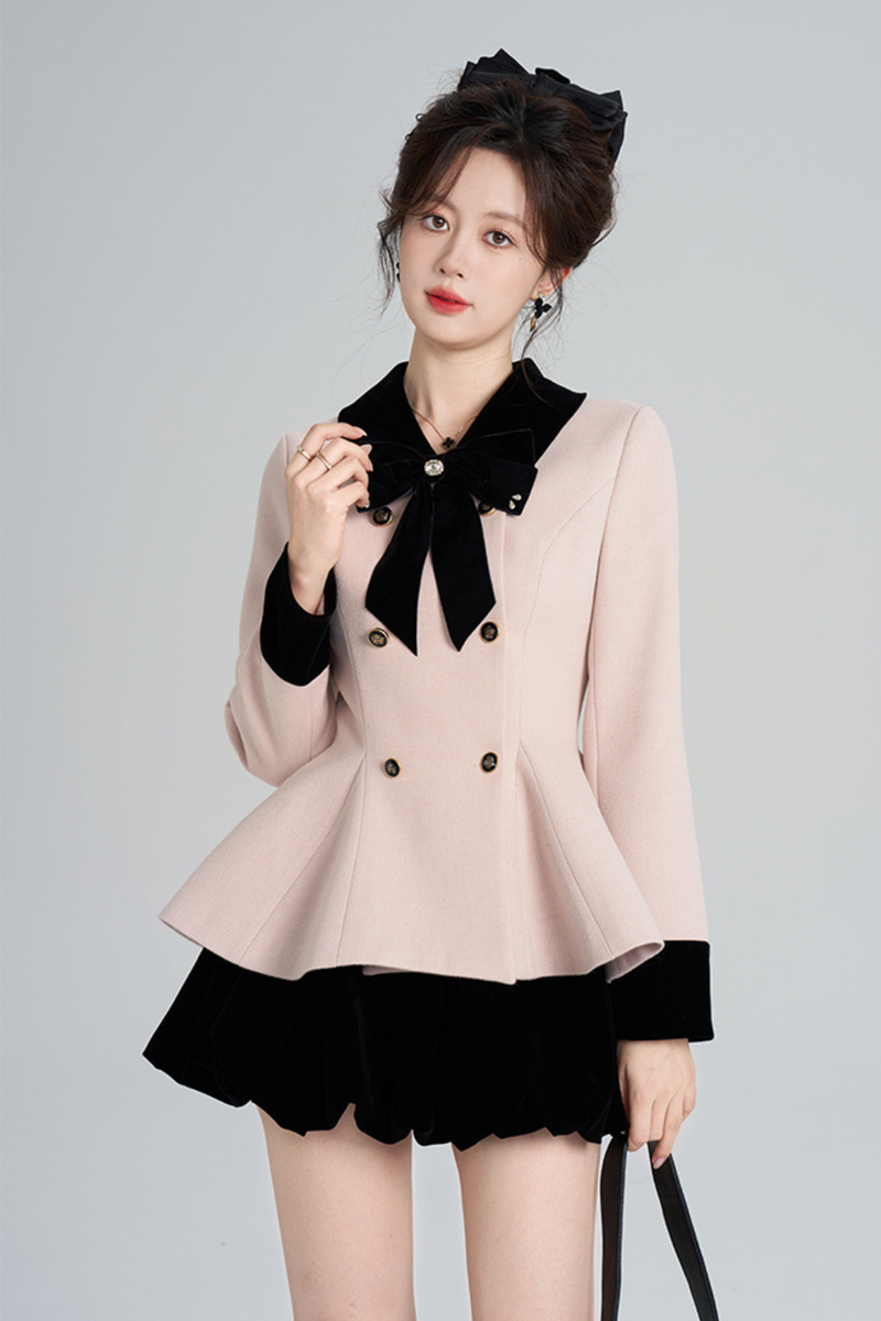 French Sweet Pink Flare Coat + Skirt