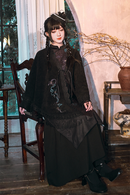 Dark Print Cheongsam Dress + Cape