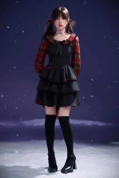 Plaid Faux Two Piece Tiered Dress