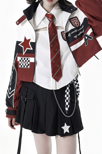 Biker Jacket + Shirt With Tie + Skirt + Belt