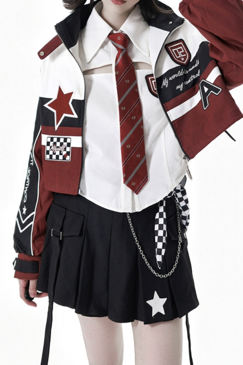 Biker Jacket + Shirt With Tie + Skirt + Belt
