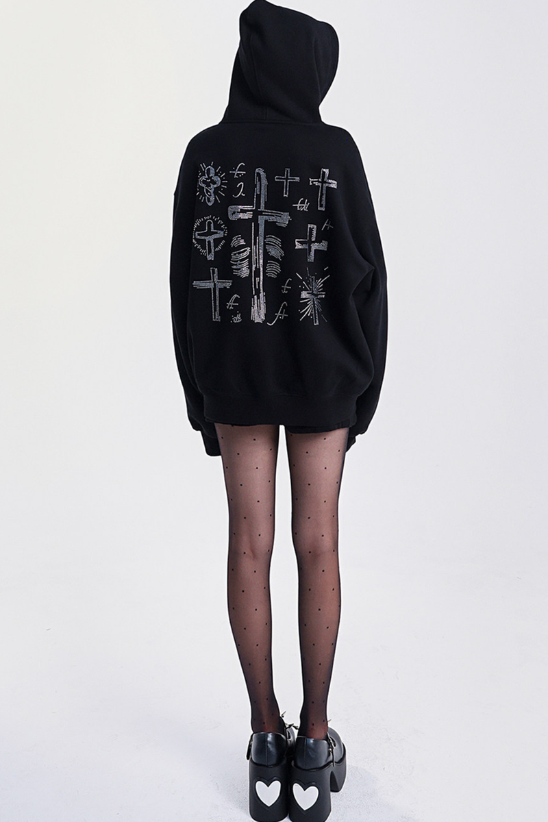 Big Cross Design Loose Hooded Sweatshirt