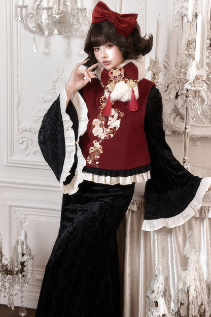 Retro Fish Tail Chinese-style Dress + Vest + Fur Scarf