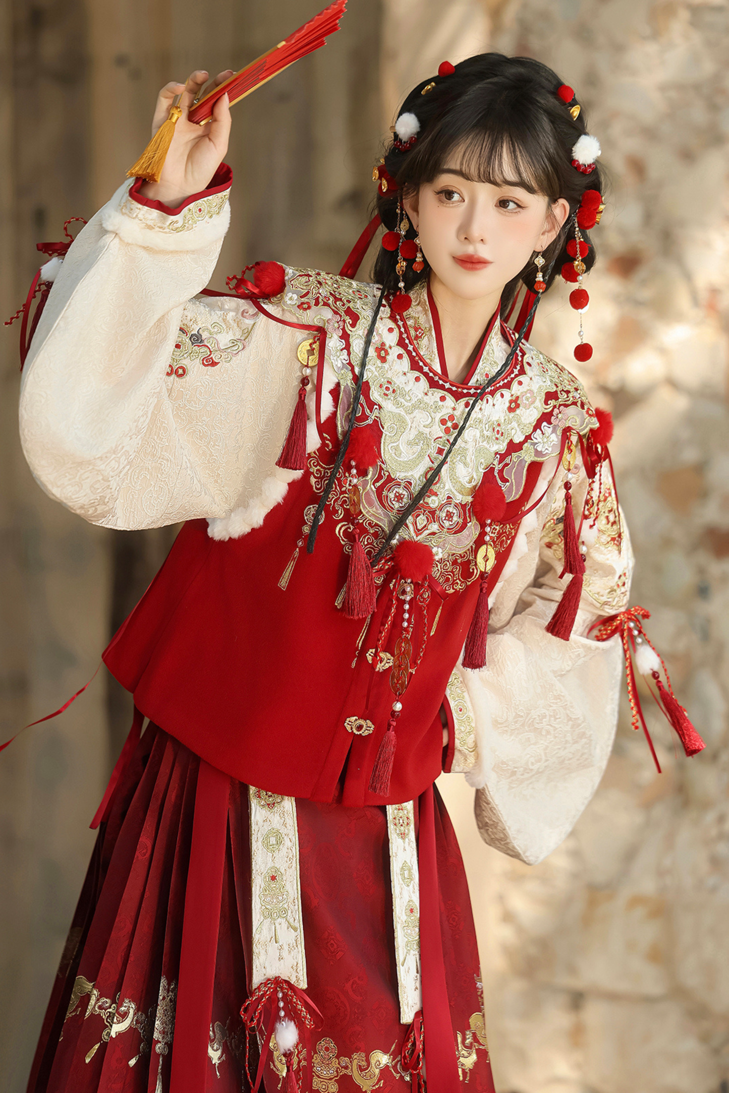 Retro Chinese-style Top + Skirt + Vest + Shoulder