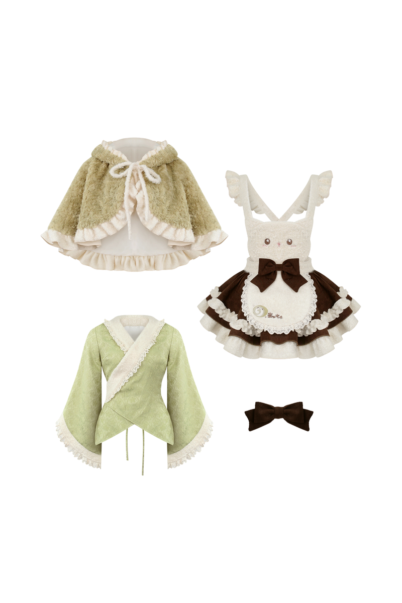 Matcha Roll Japanese Style Top + Kitten Suspender Skirt + Cape With Ribbon