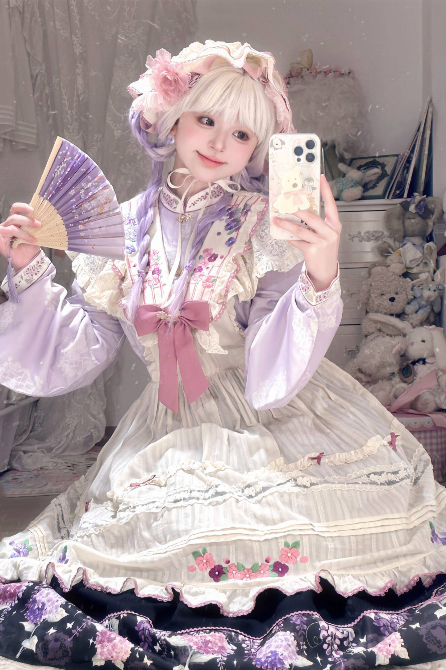 Chinese-style Lolita Top + Skirt + Apron + Headband + Bonnet