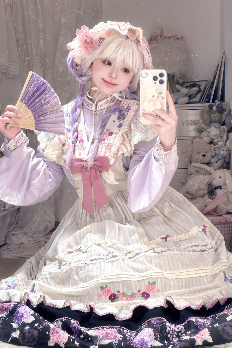Chinese-style Lolita Top + Skirt + Apron + Headband + Bonnet