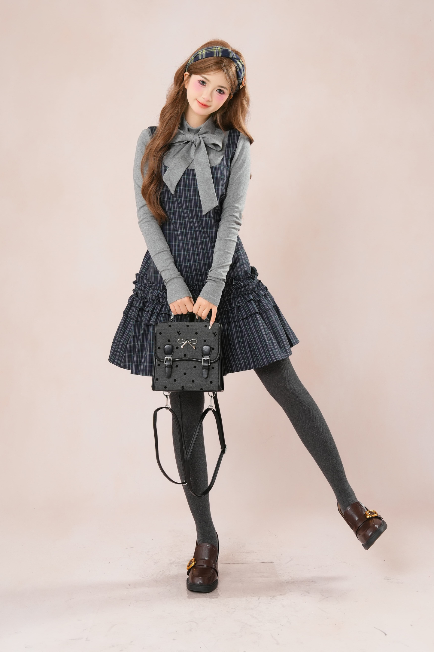 Dark French Ruffle Plaid Sleeveless Dress + Shirt