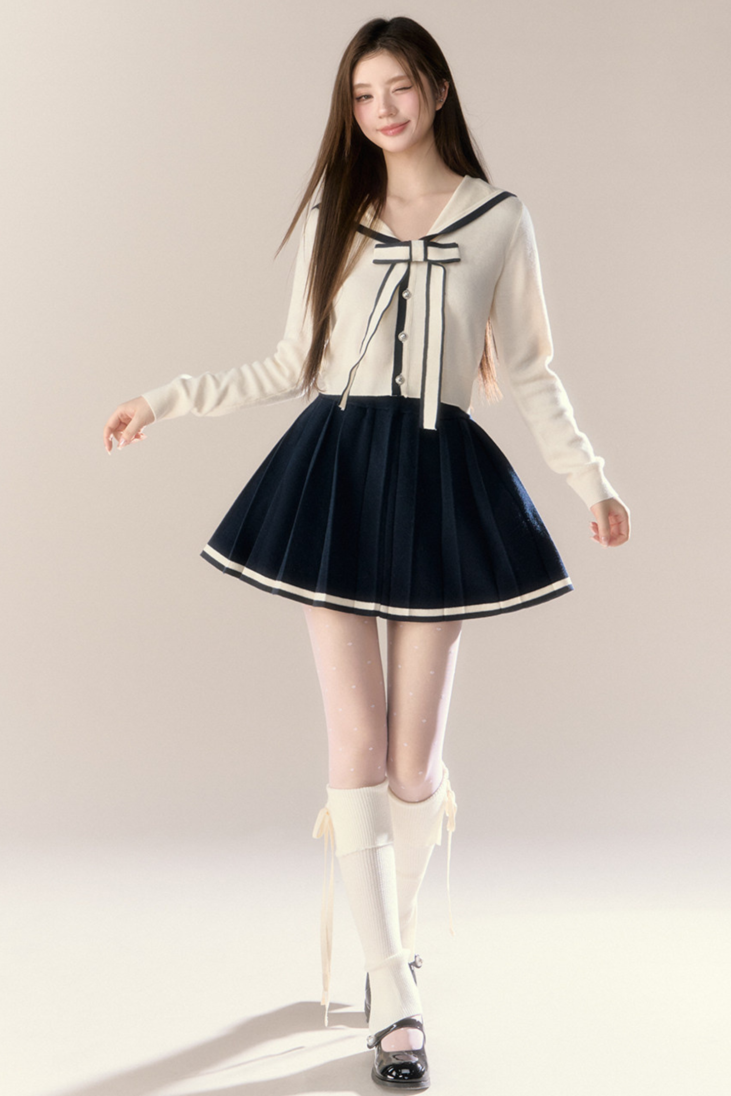 Sailor Ribbon Cardigan + Pleated Skirt
