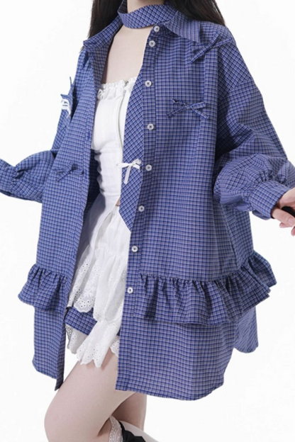 Plaid Tie Blouse Ursus Camisole + Skirt + Short Top