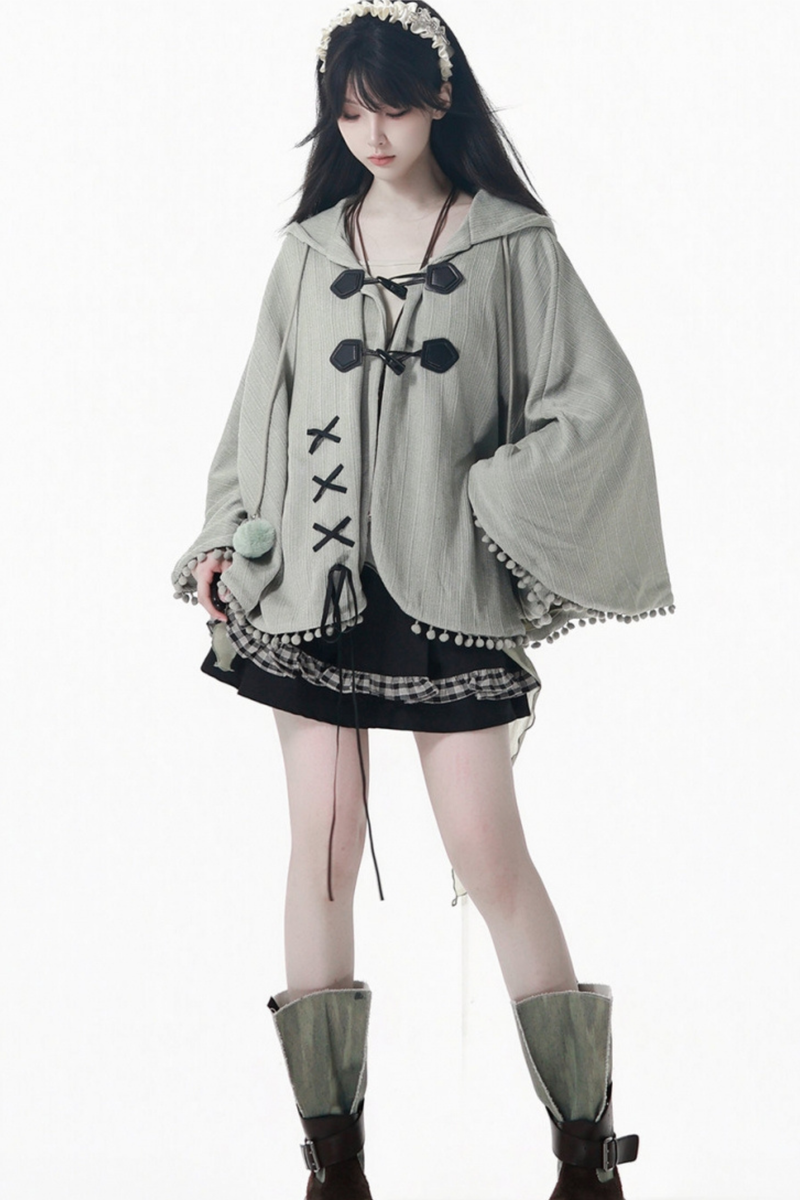 Plaid Ribbon Camisole Two Piece Jacket + Cape Coat + Skirt