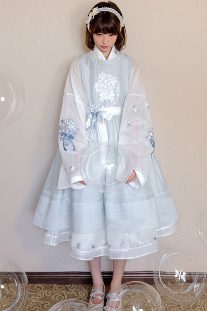 Pure White Chinese Dress + Cover Apron + Belt