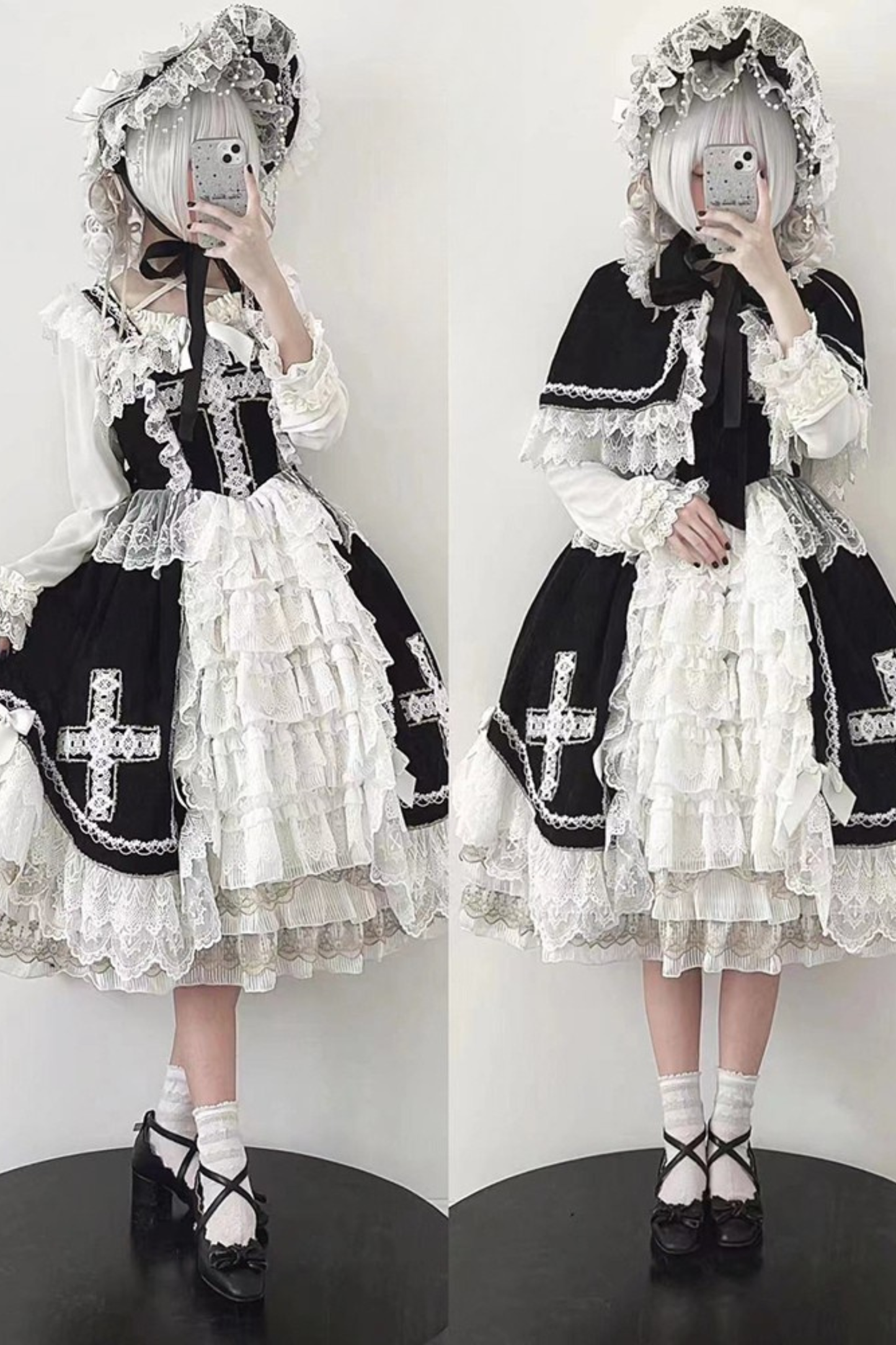 Gothic Doll Lace Jumper Skirt + Bonnet + Shawl