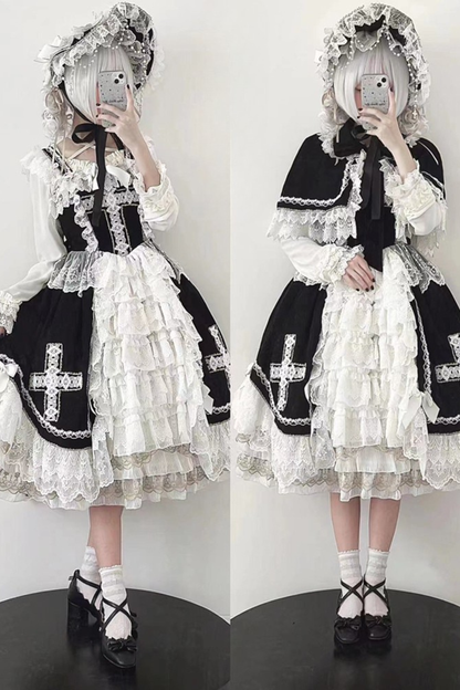 Gothic Doll Lace Jumper Skirt + Bonnet + Shawl
