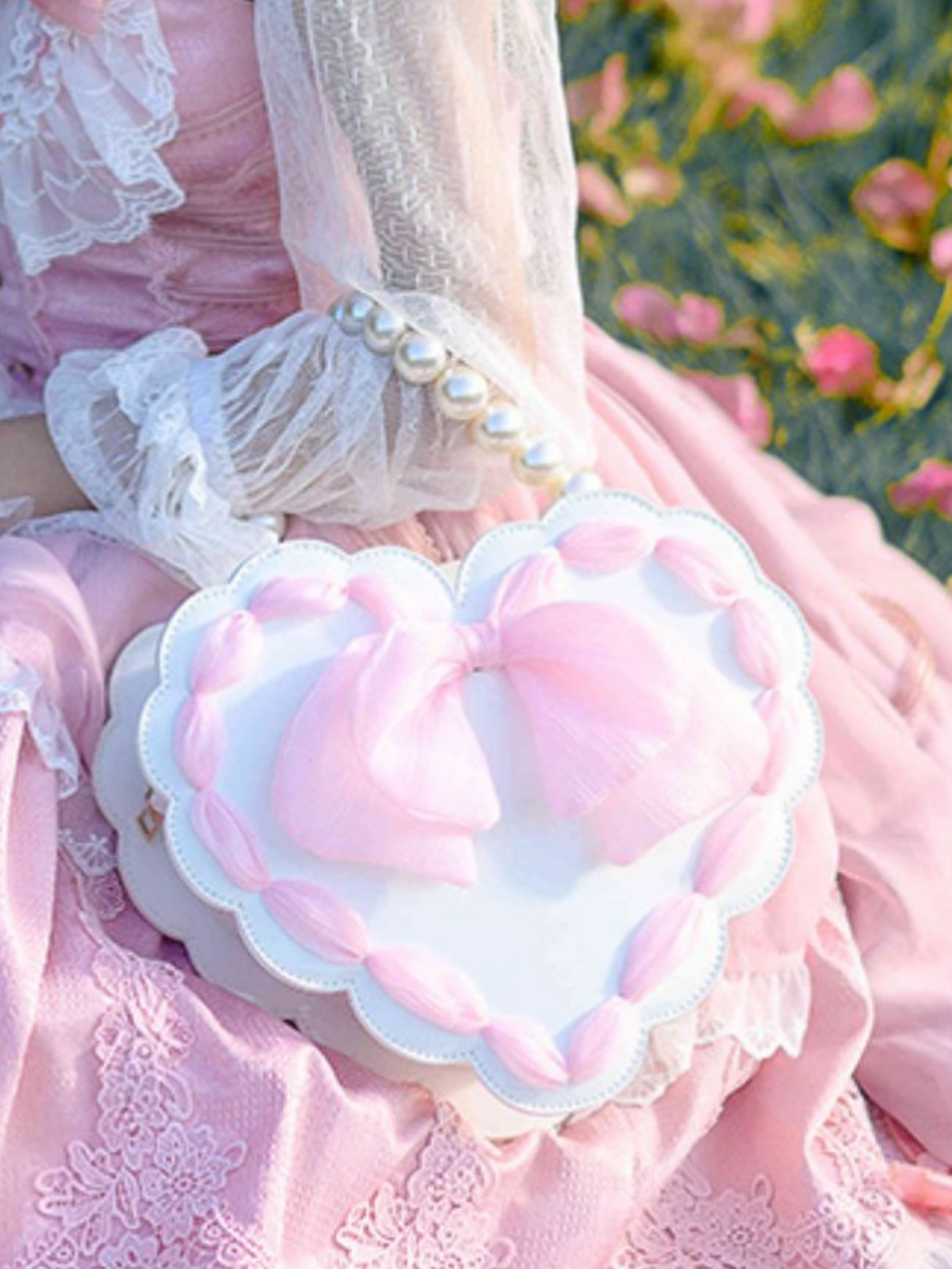 Pearl Strap Heart Bow 2-way Bag
