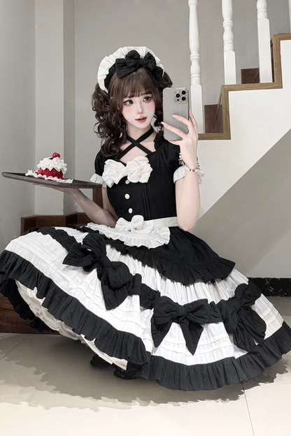 Monochrome Doll Lolita Dress + Headband + Bonnet + Clip
