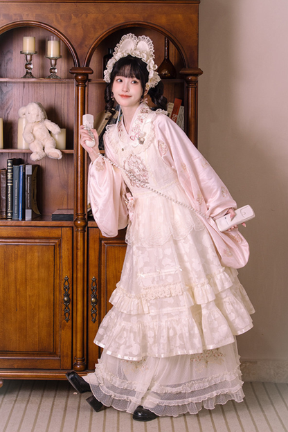 Chinese-style Pastel Top + Apron + Bow + Necklace + Brooch + Hair Accessories