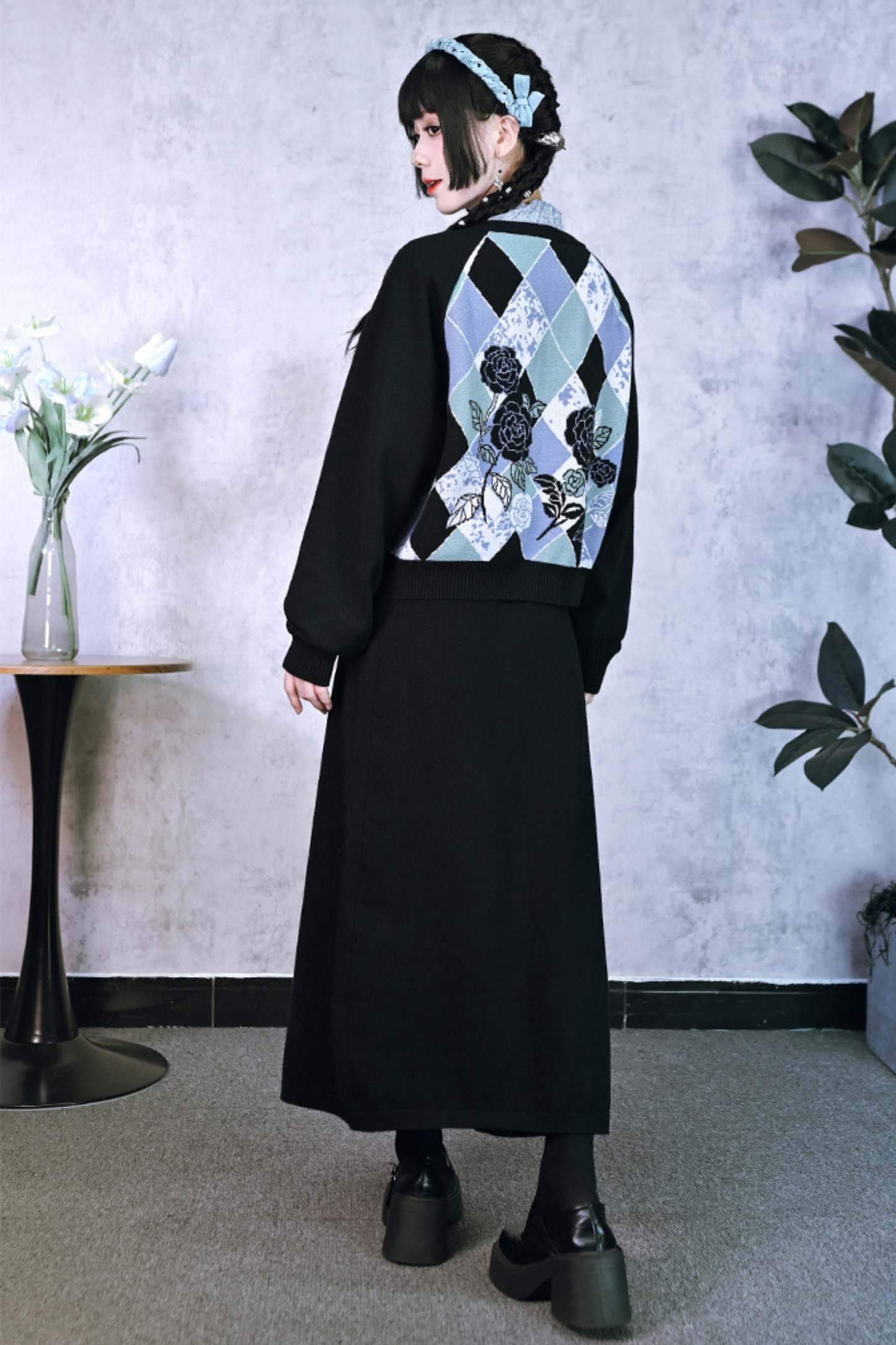 Argyle Cardigan + Asymmetric Skirt