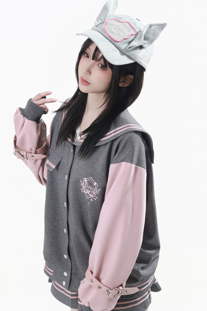Sailor Collar Jacket + Pleated Skirt + Long Pants