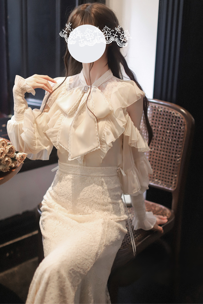 Sheer Chiffon Big Ribbon Shirt + Mermaid Skirt