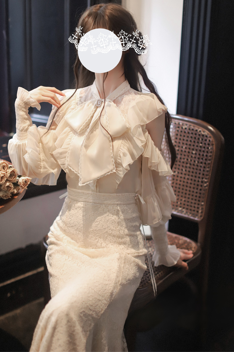 Sheer Chiffon Big Ribbon Shirt + Mermaid Skirt