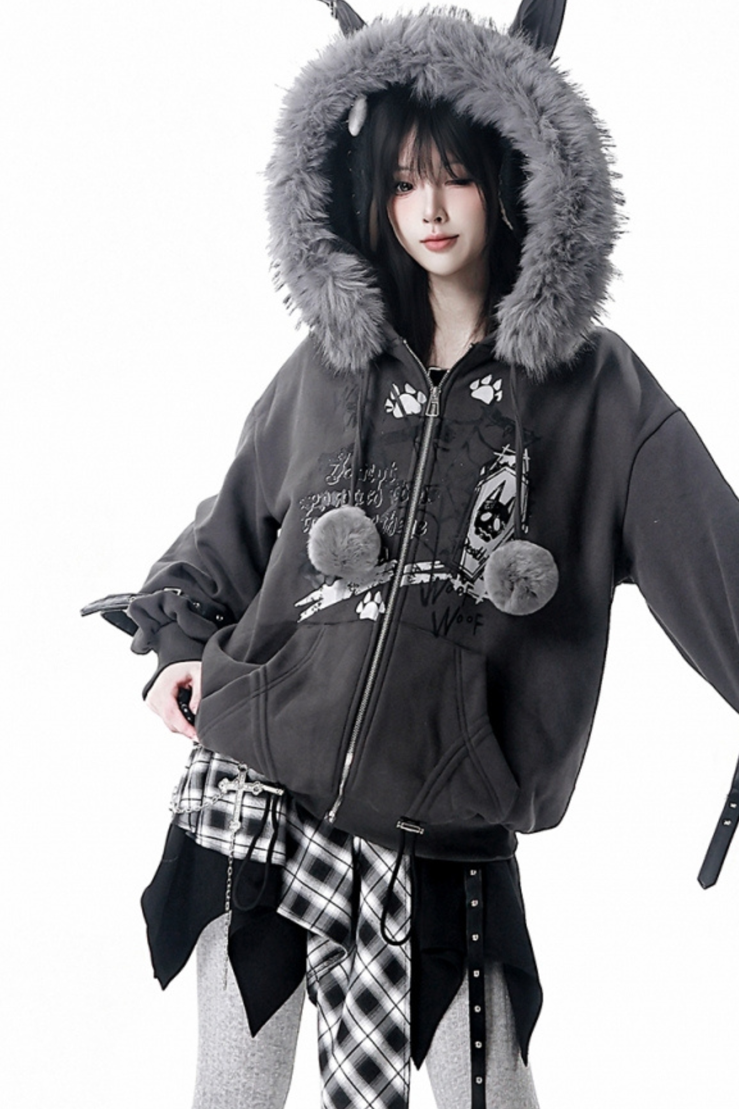 Fur Ball Fur Hooded Jacket + Top + Skirt