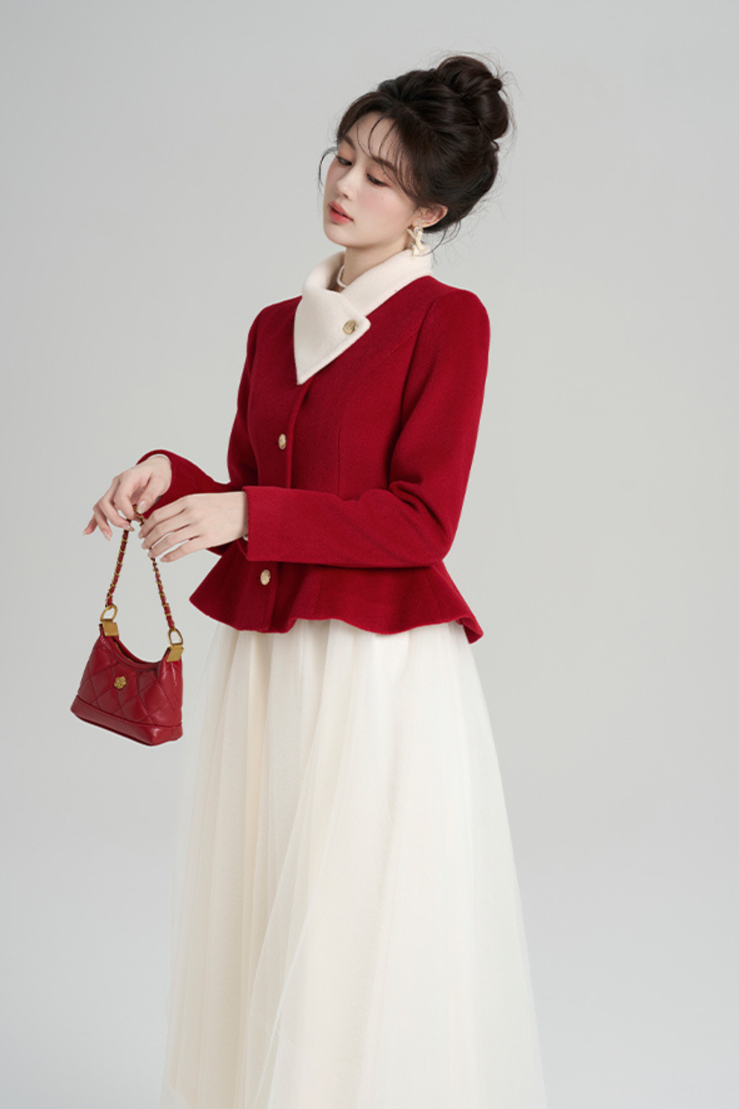 Red Wool Waist Cinching Coat + Long Dress