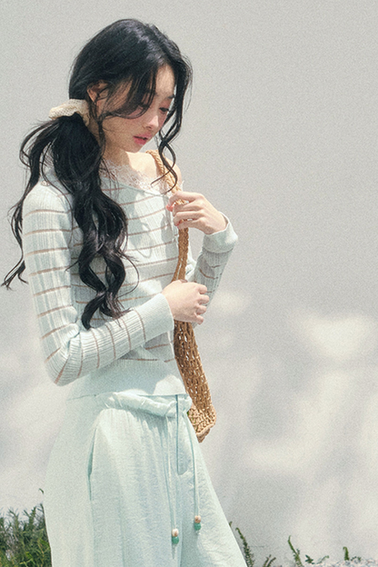 One Shoulder Glance Lace Striped Top
