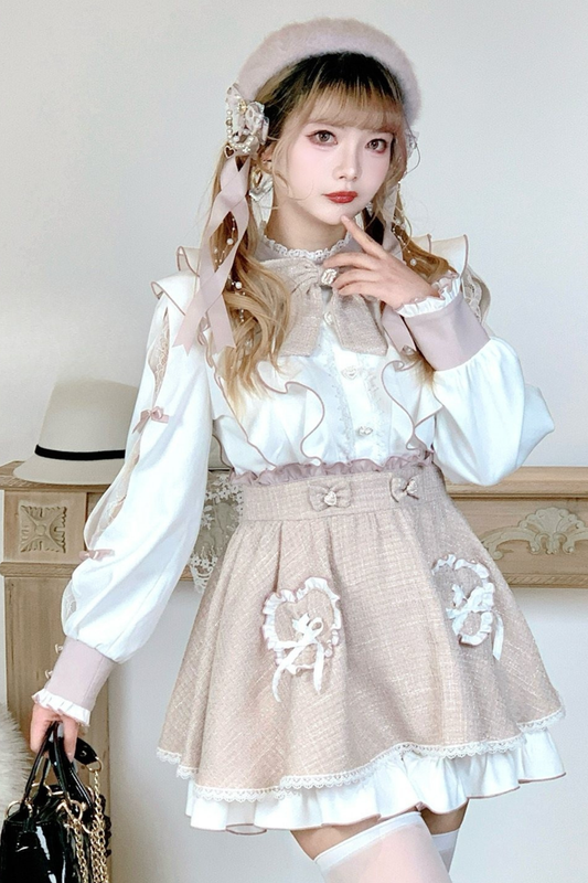 Lace Shoulder Ribbon Blouse + Skirt